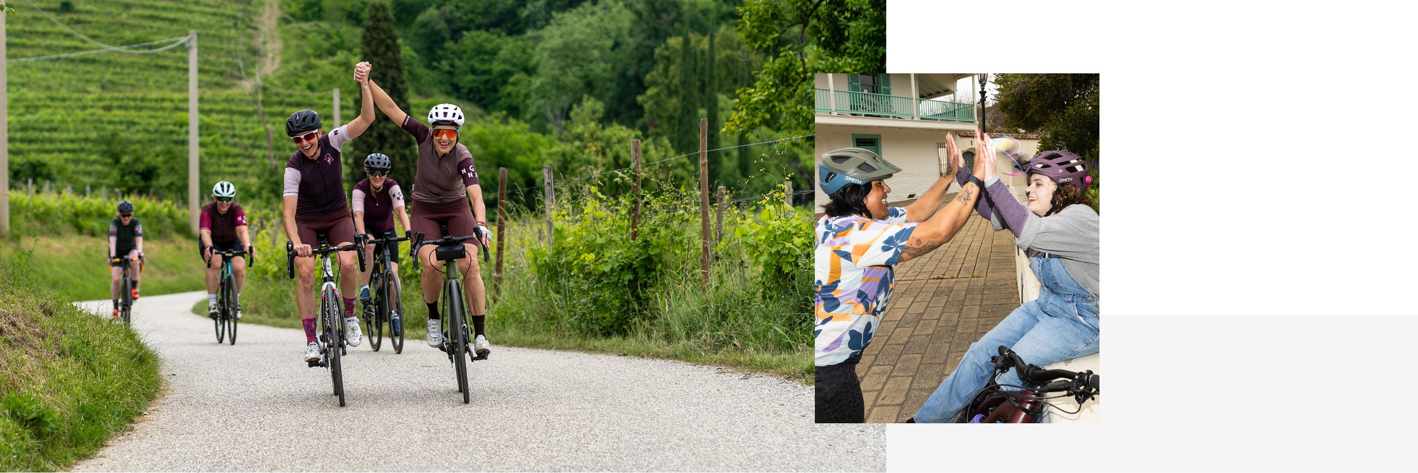Collage, left image of event participants toasting  after a ride, right image of a rider on a mountain bike descending a trail.