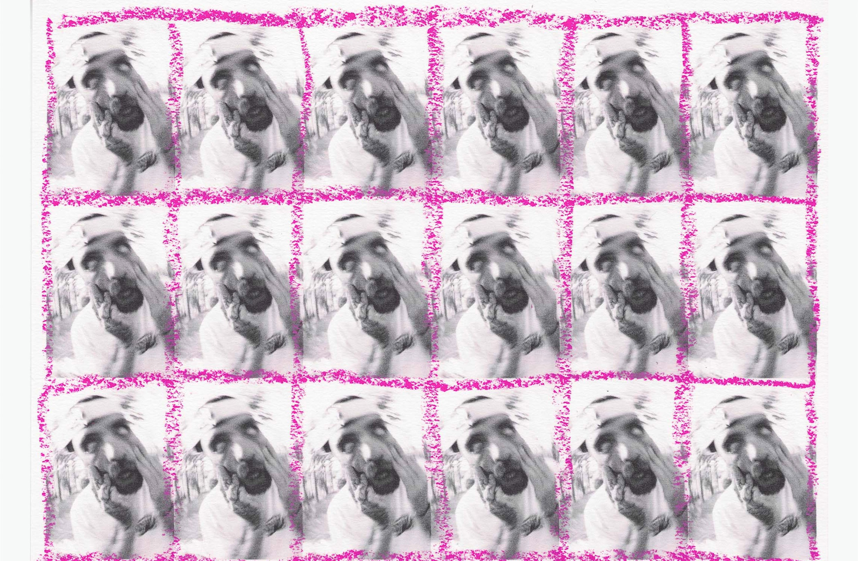 Zine page with image of Tomas Lemoine repeated and drawn on with pink crayon