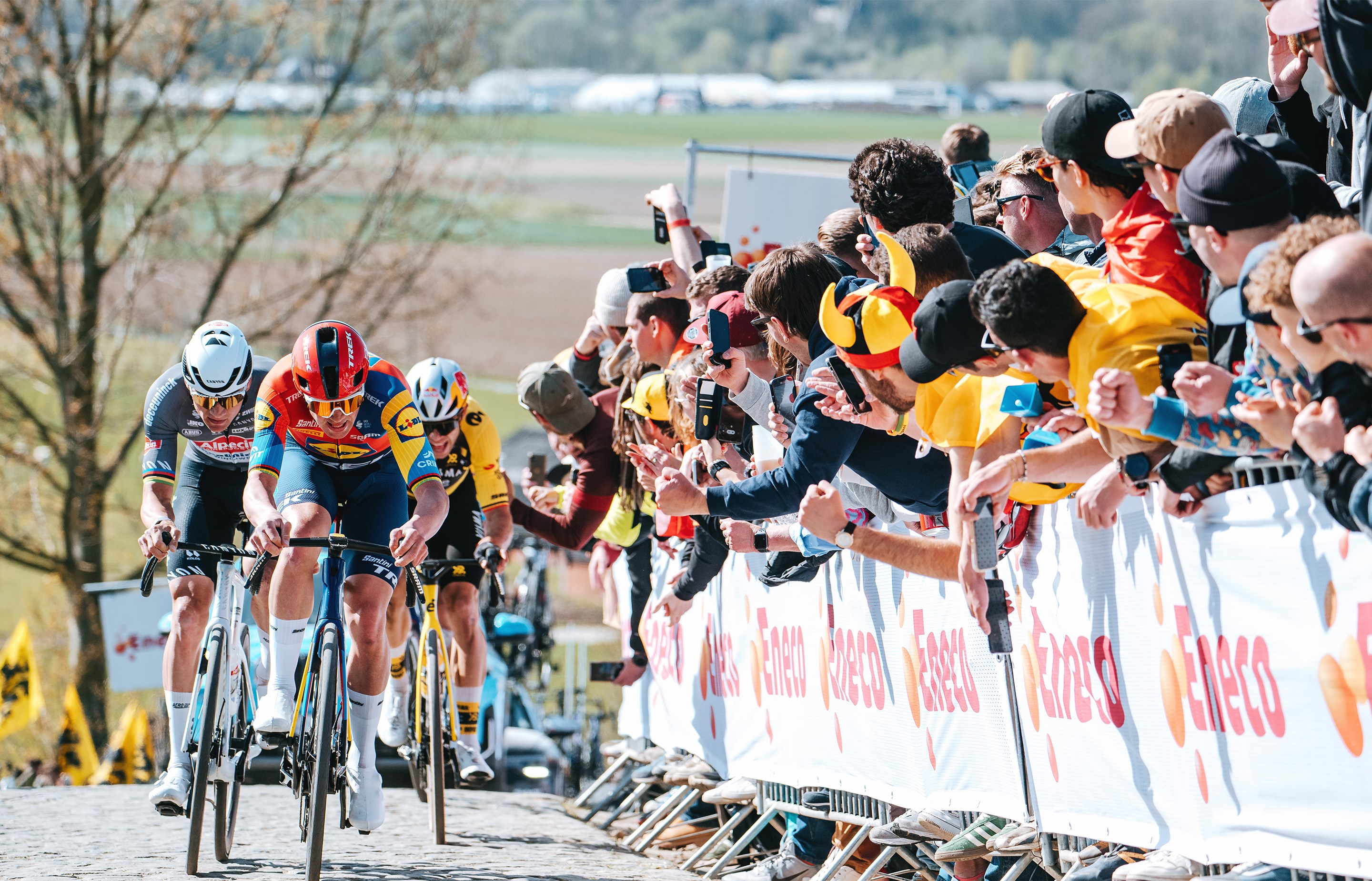 Pedersen fights to stay in the front up a cobbled climb in the Tour of Flanders.
