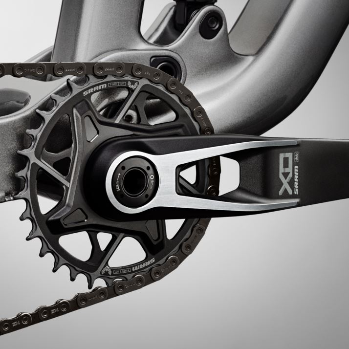 close-up of the Eagle Transmission crankset and front chainring
