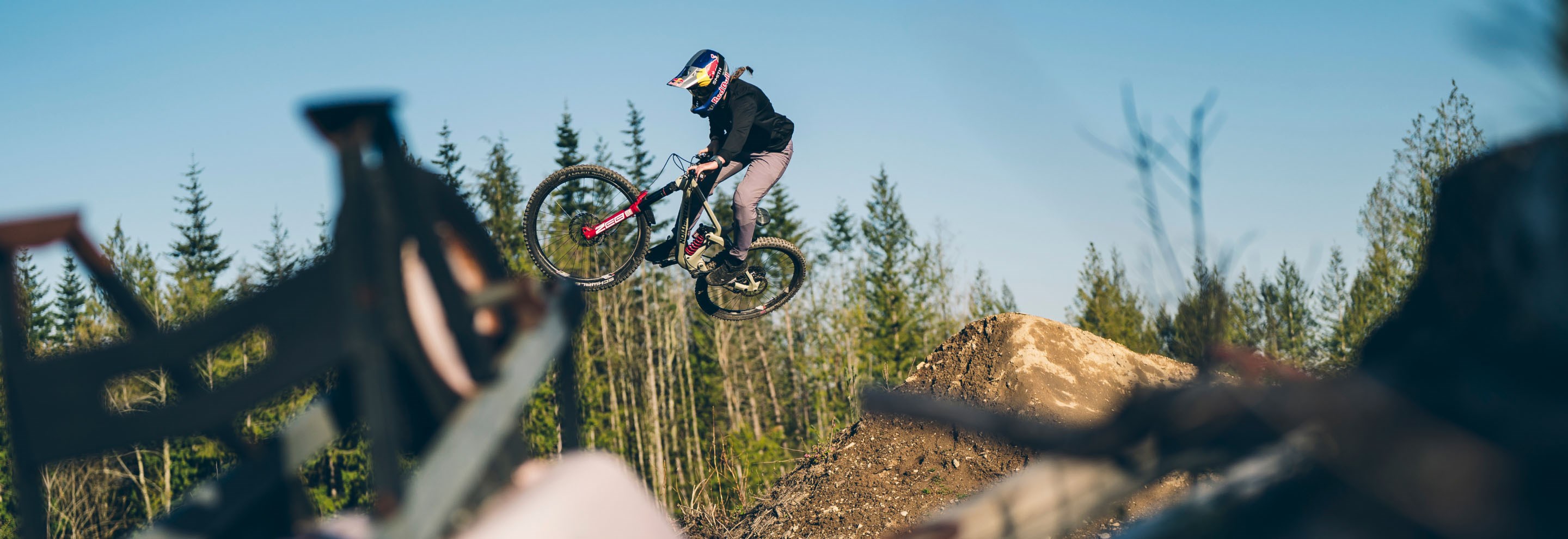 RockShox ZEB rider in mid air.