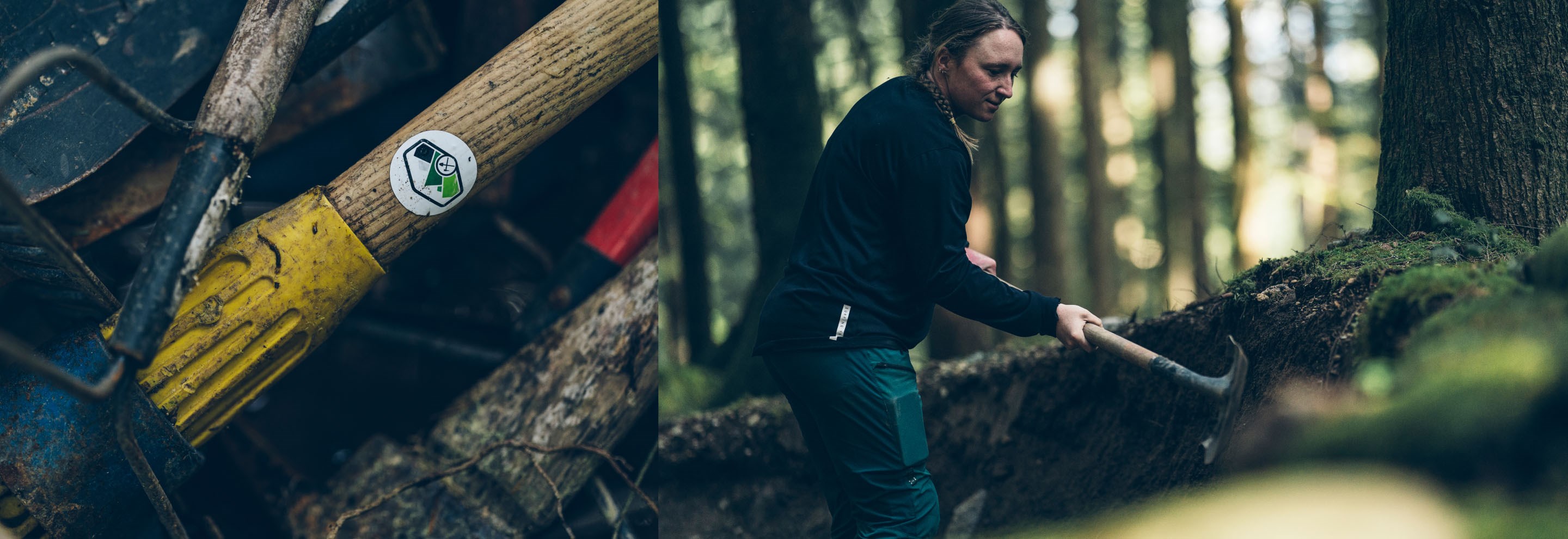 left: close up of trail building tools. Right: Action shot of trail builder digging.