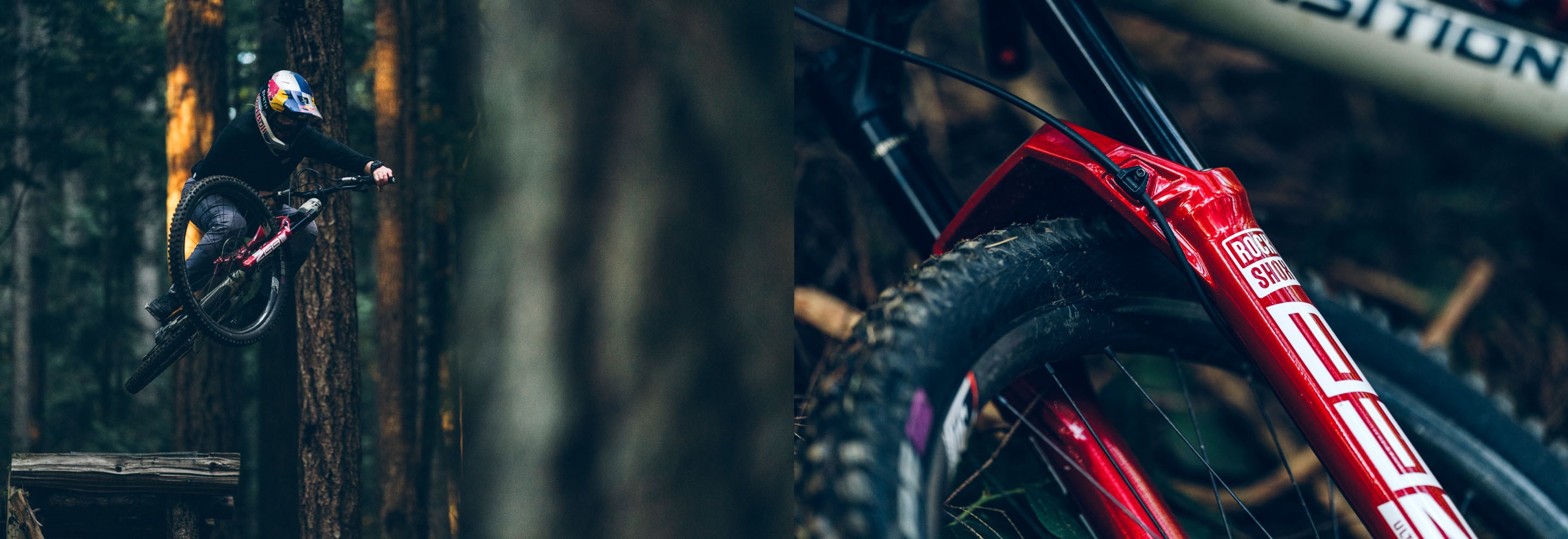 left: MTB rider in full face helmet and Red RockShox ZEB Fork. Right: Detail shot of Red RockShox Zeb
