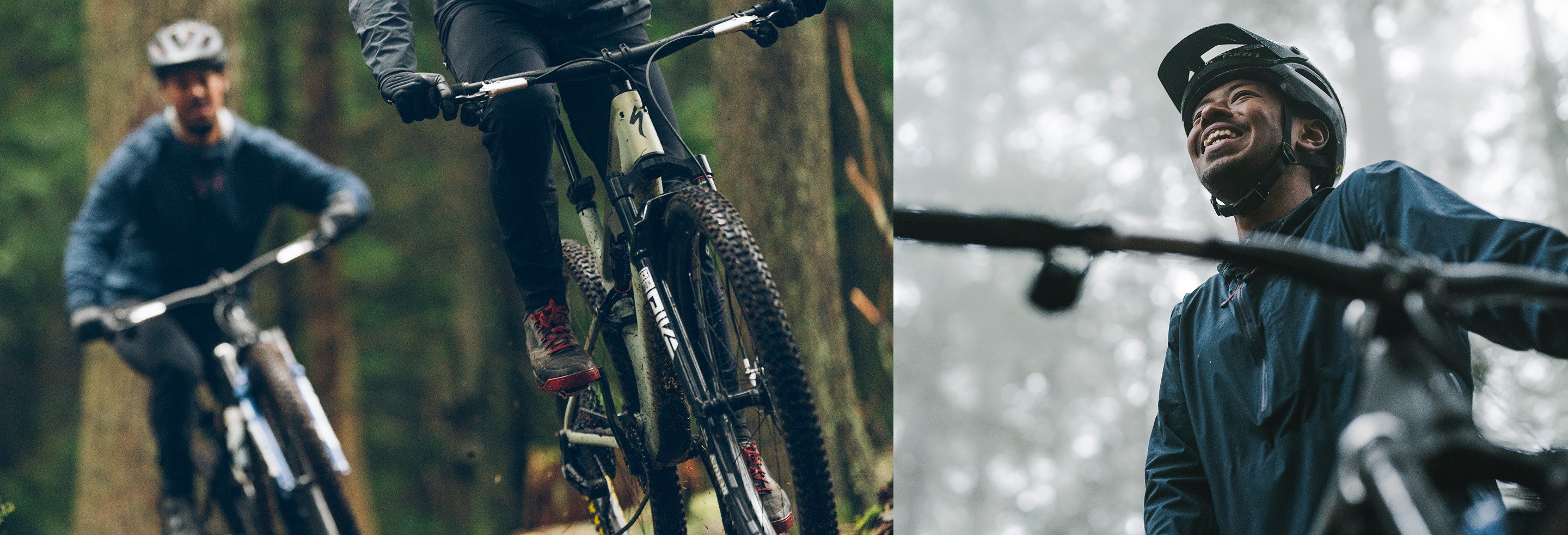 Two mountain bikers riding through dark forest on cross country mountain bikes