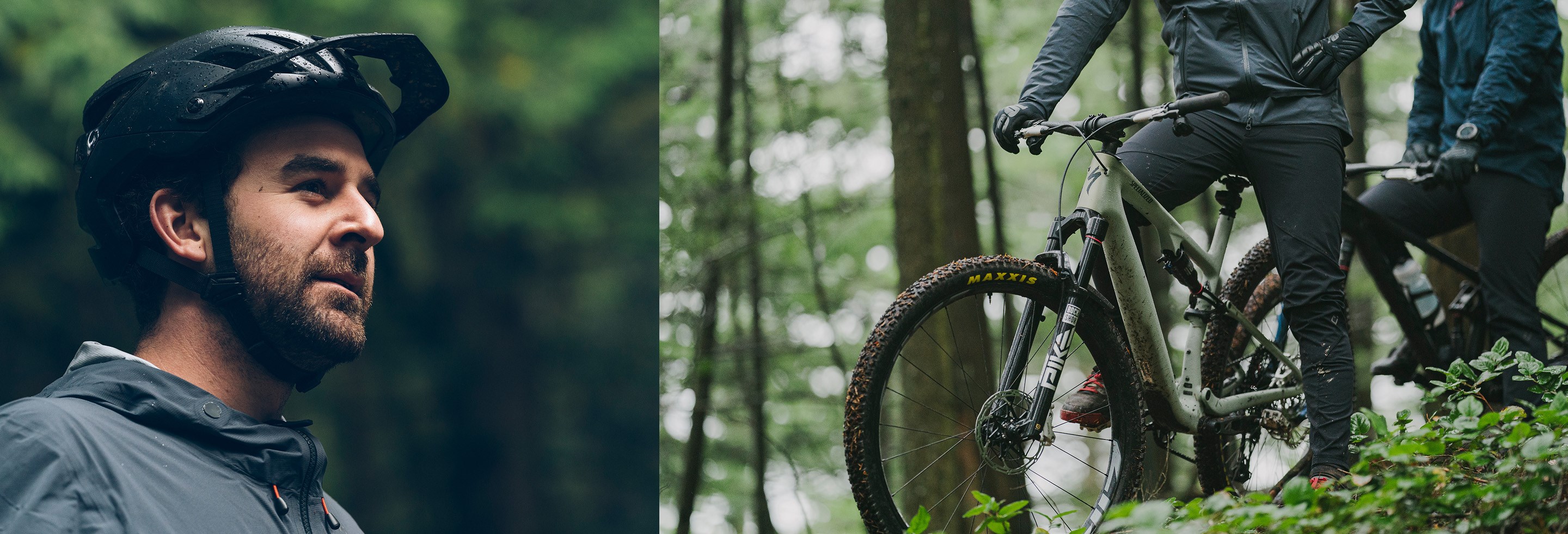 Two riders sitting at trailhead on cross country trail bikes equipped with RockShox Deluxe