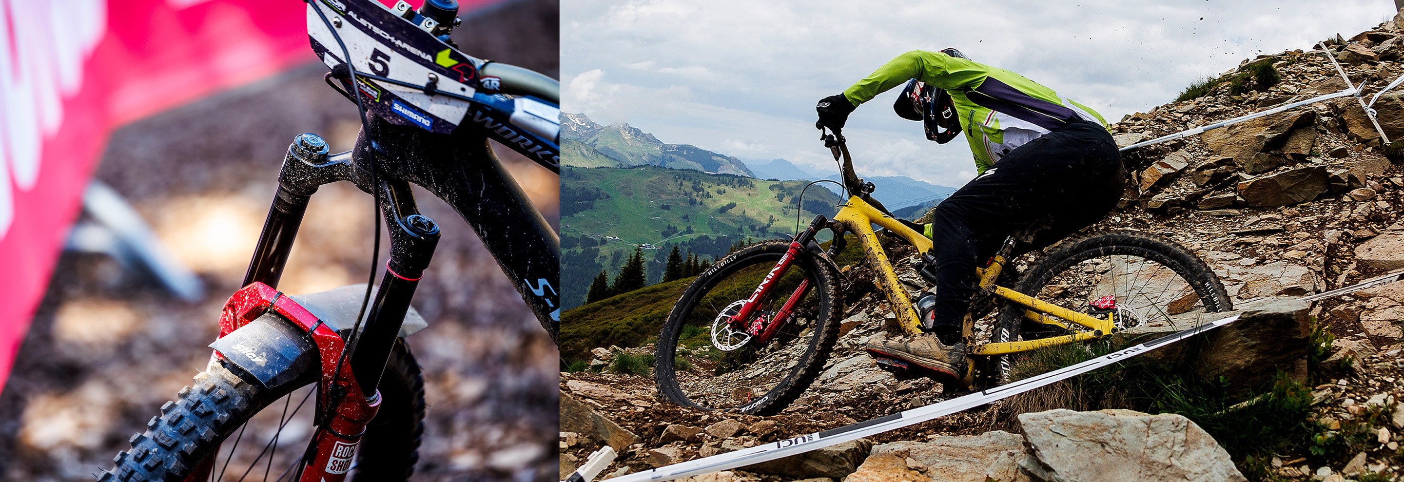 Left: Rider resting on mountain bike with Lyrik fork. Right: Rider mid air on mountain bike with lyrik fork