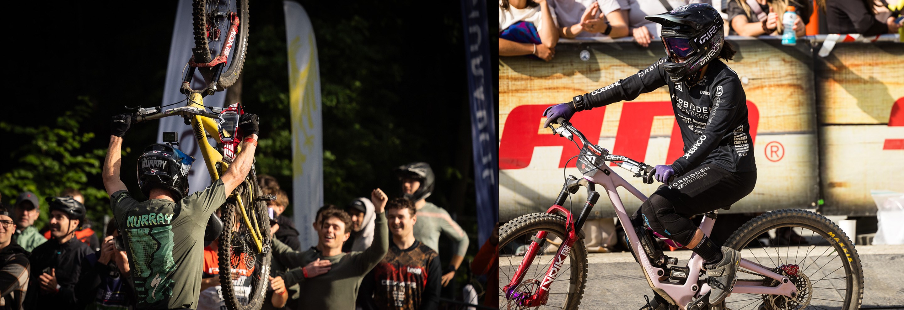 Left: rider pushing MTB up hill. Right: Rider fully sideways in mid air.