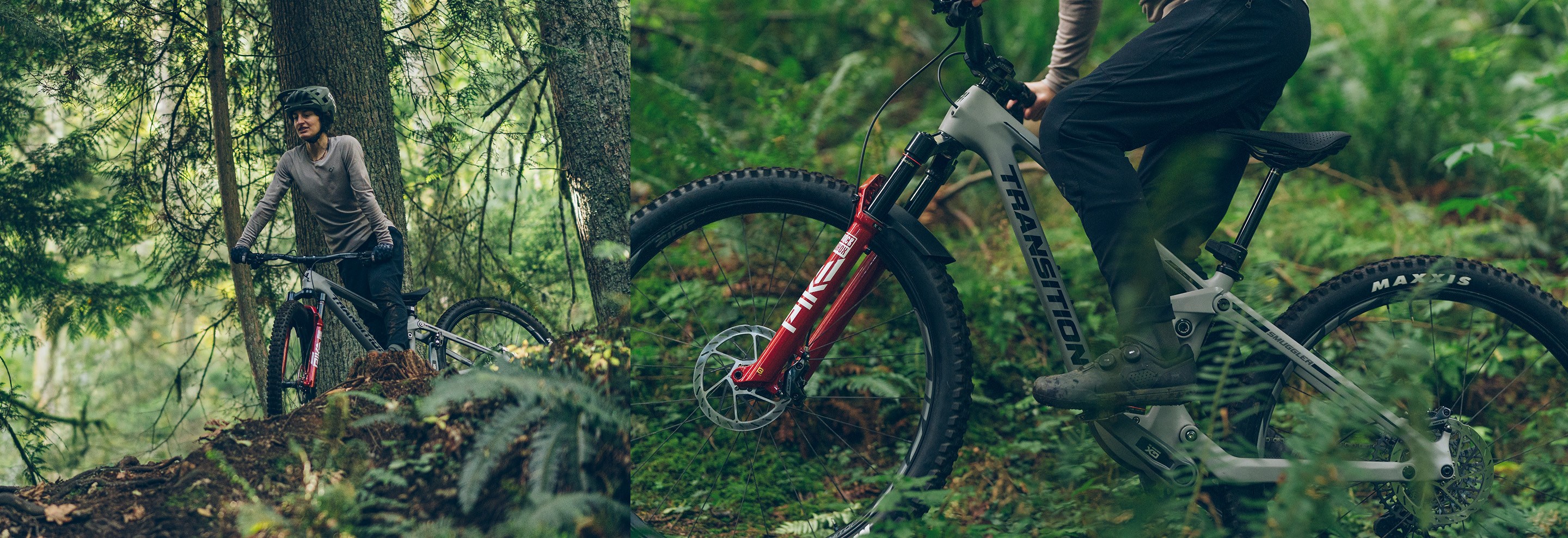 Left: MTB rider leaving trail of dust in desert. Right: MTB rider in full sun ascending steep trail.