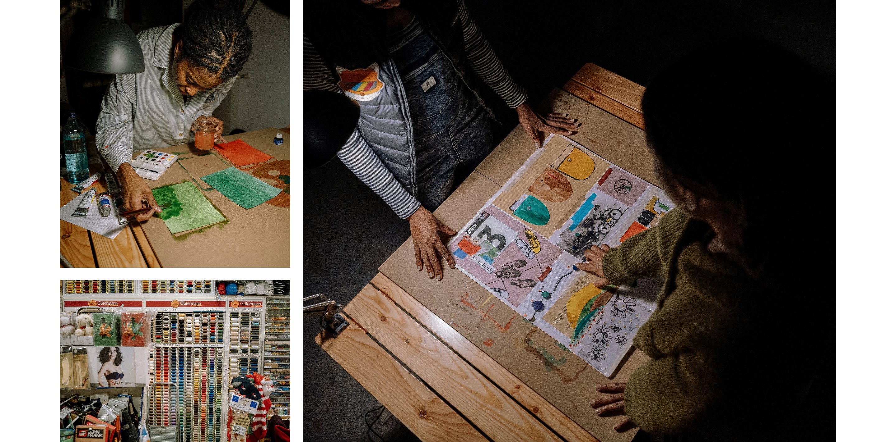 Alicia Fairclough works on Collage in a dark studio