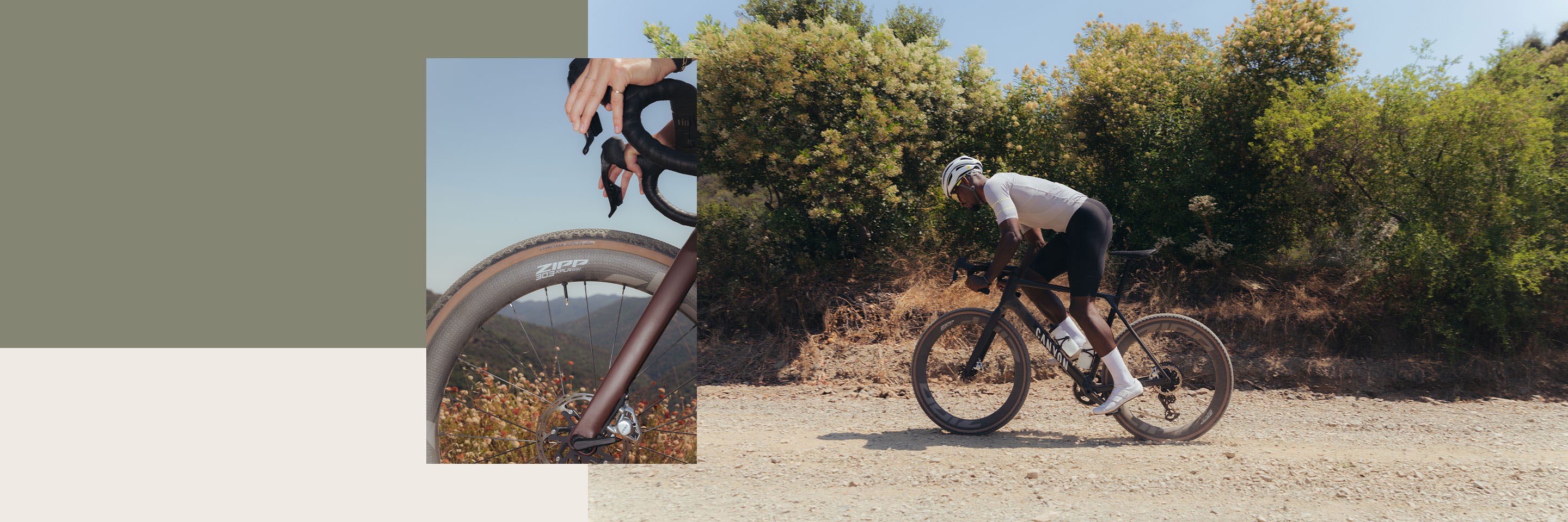 Image collage of gravel rider on Zipp XPLR wheels.