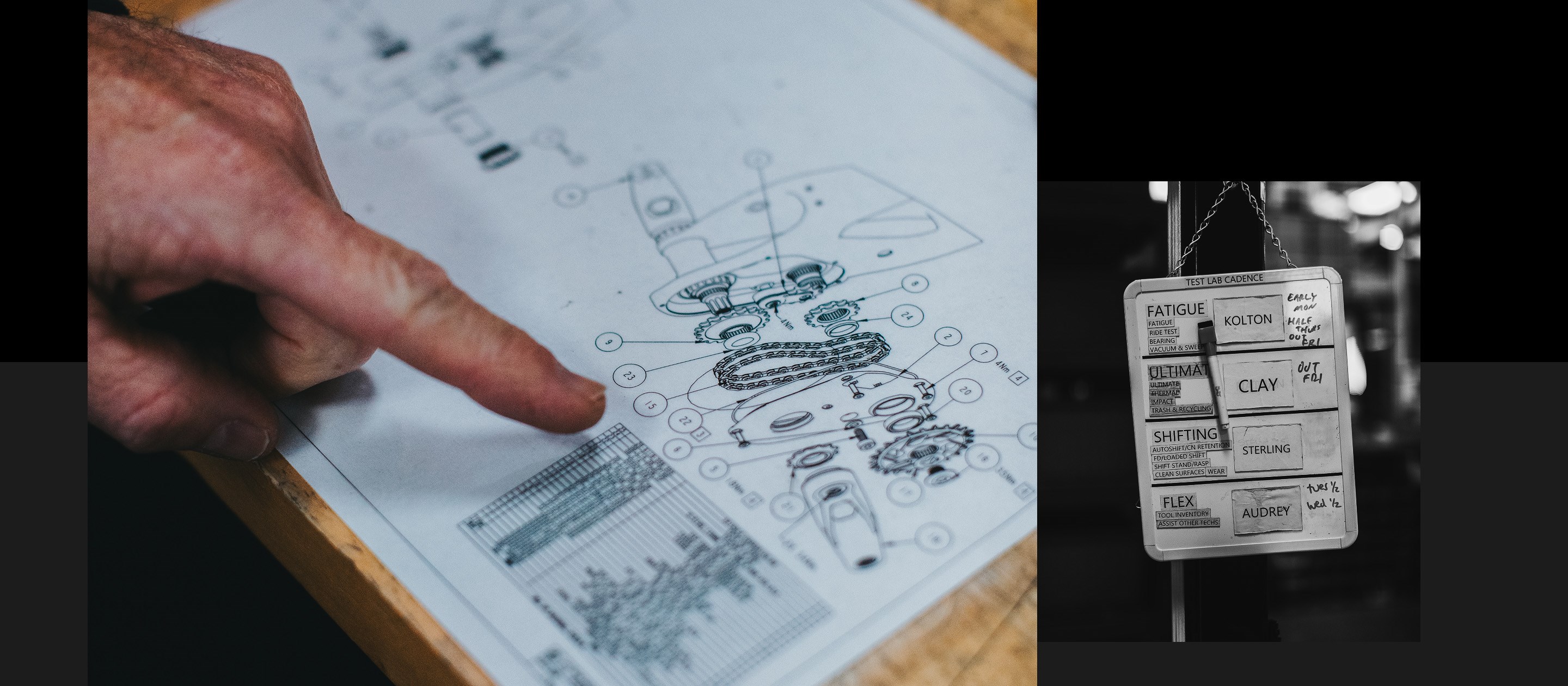 SRAM engineer pointing at early engineering drawing for Specialized HighGear drivetrain system