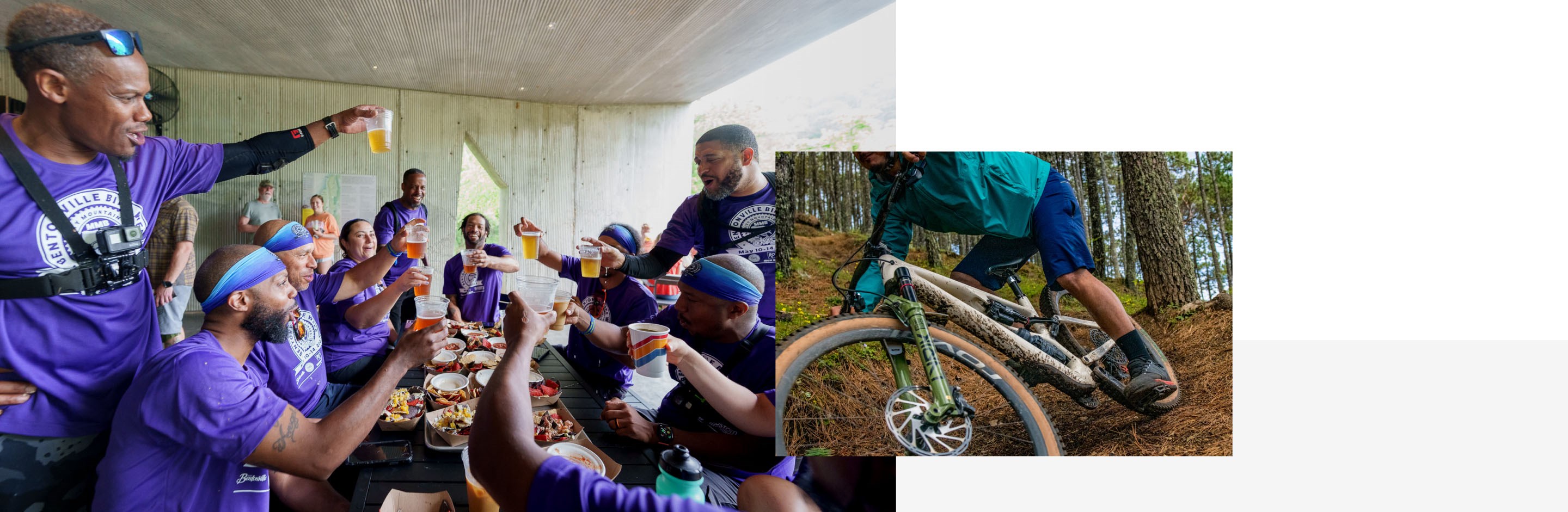 Collage, left image of event participants toasting  after a ride, right image of a rider on a mountain bike descending a trail.