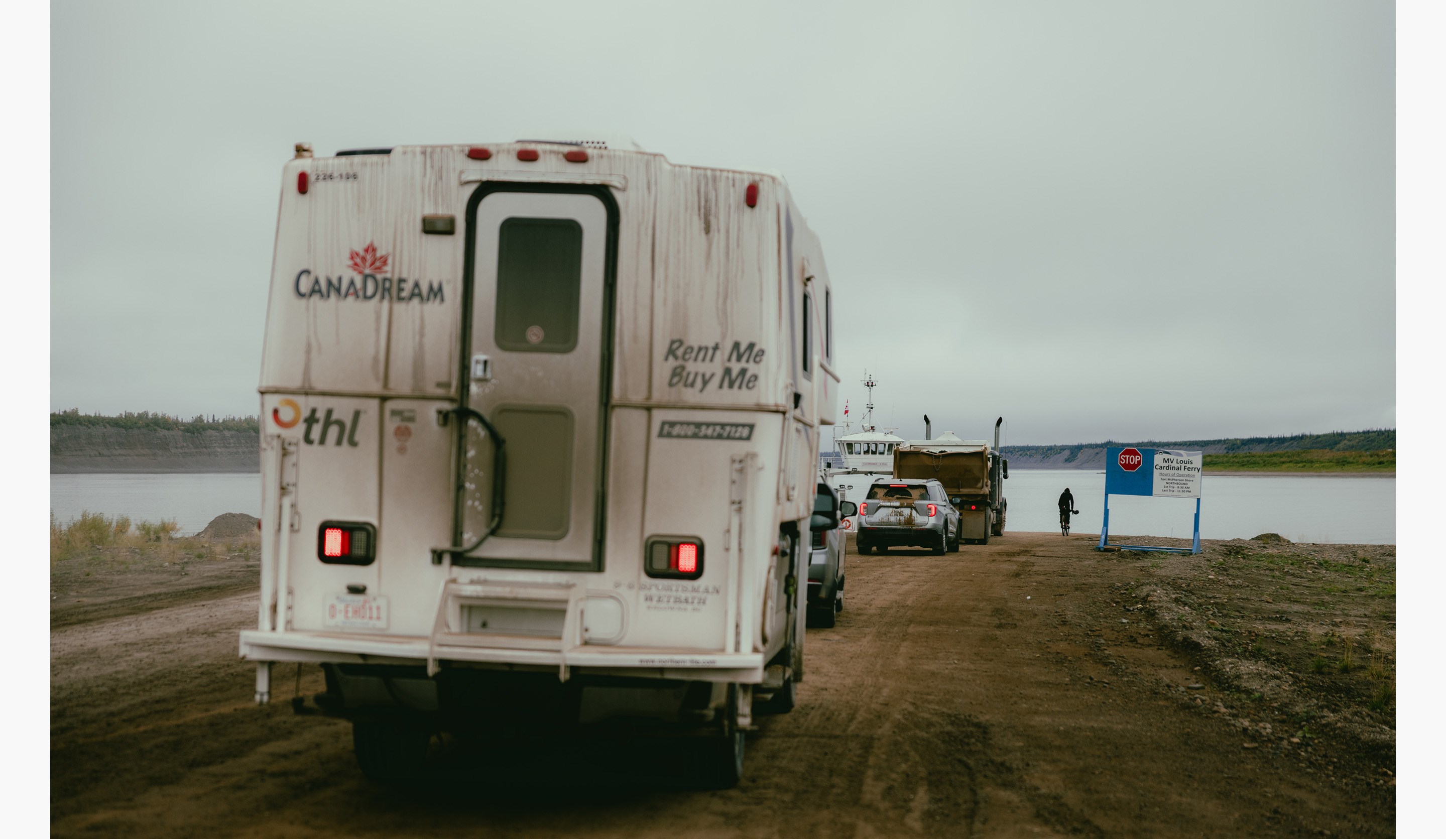 Lael Wilcox catches the MV Louis Cardinal Ferry across the McKenzie river