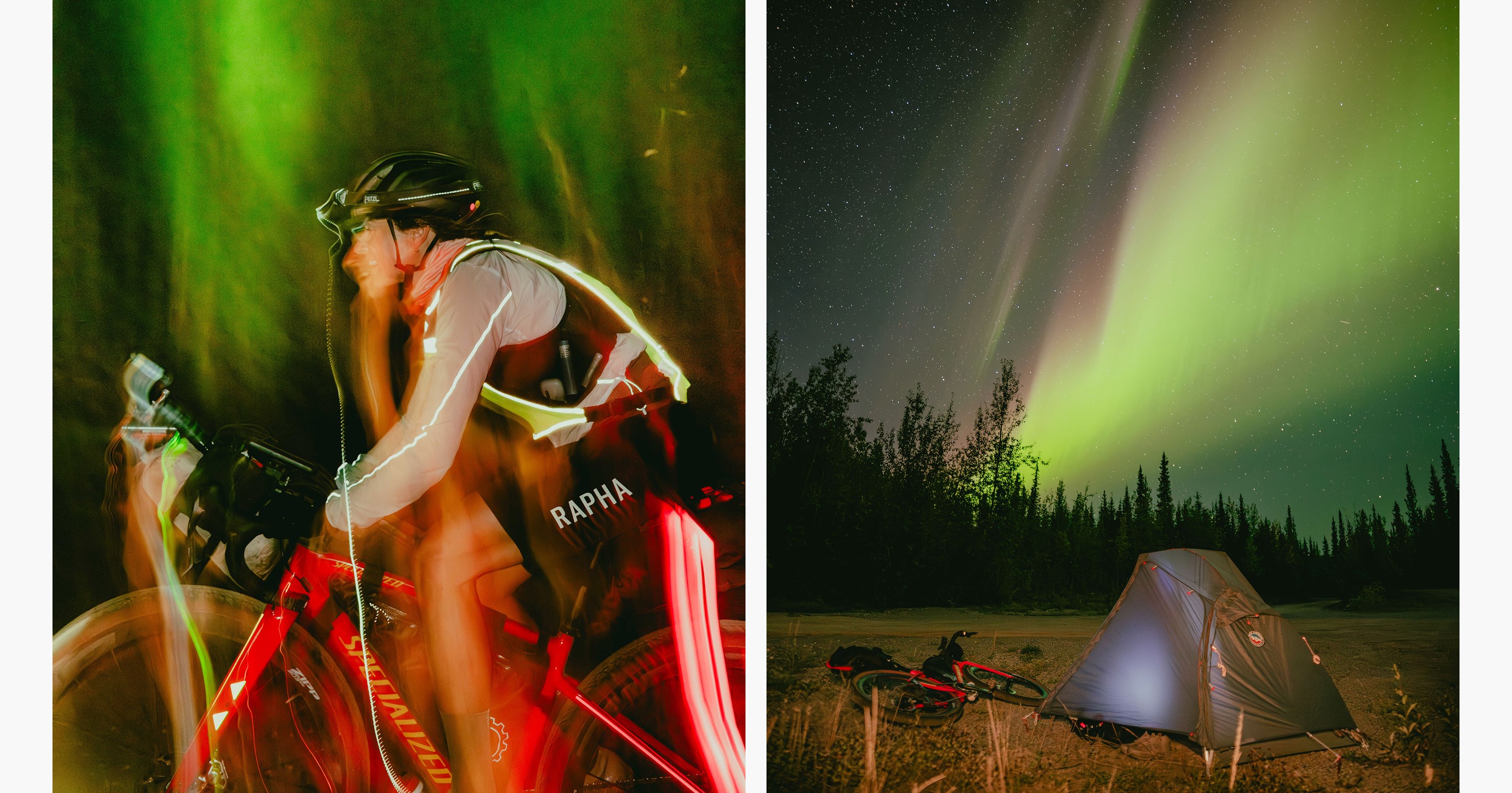 Lael Wilcox rides through the night on roads illuminated by the northern lights