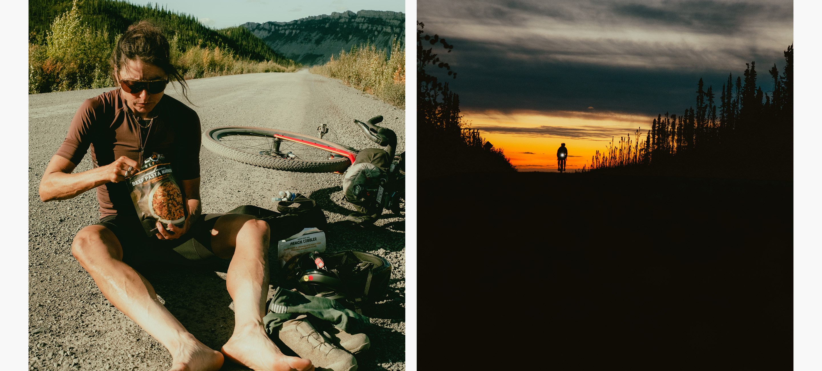 Lael Wilcox enjoys her freeze-dried spaghetti before embarking into the dark