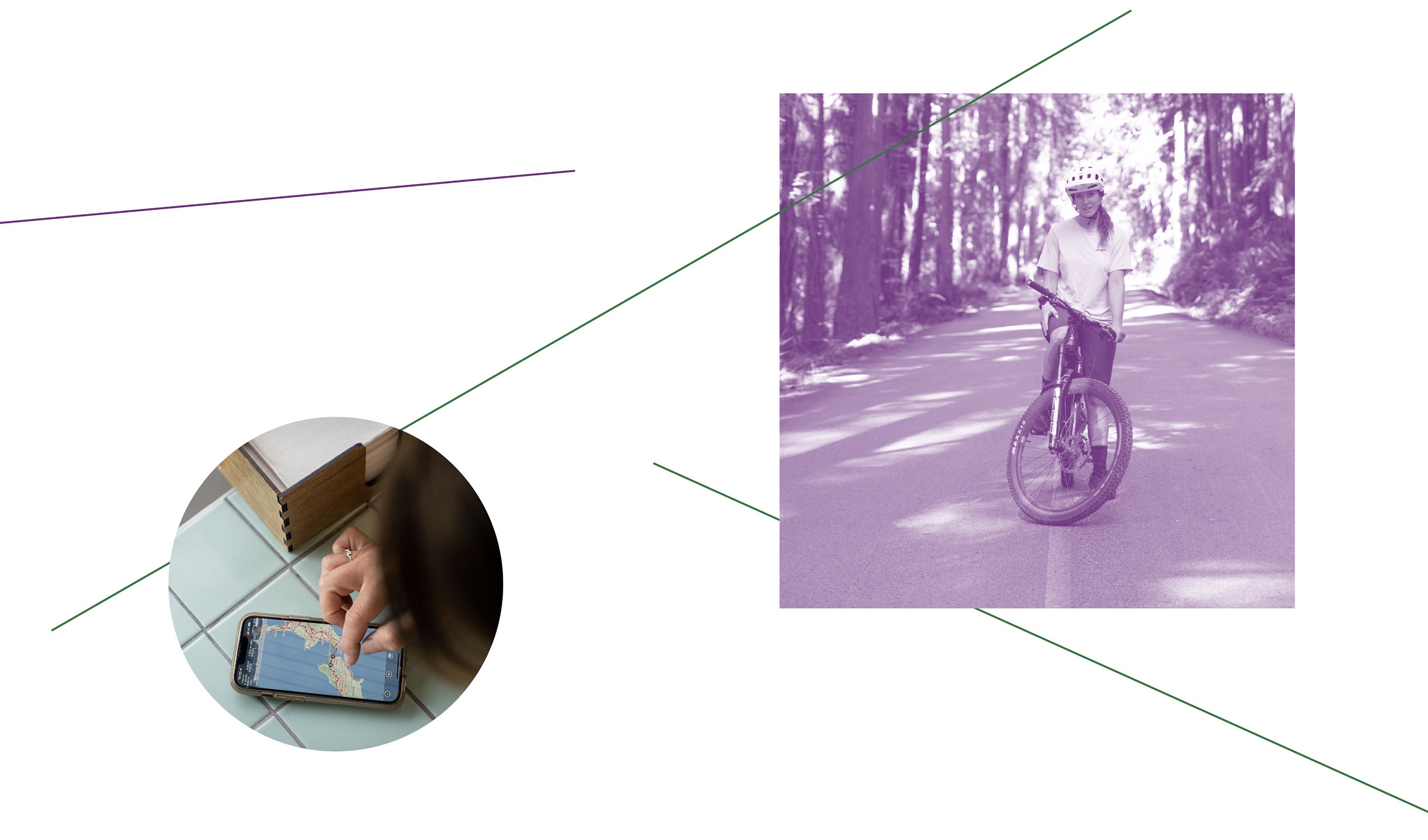 two images, one of a map on a cell phone and one of Annie Ford on he bike.