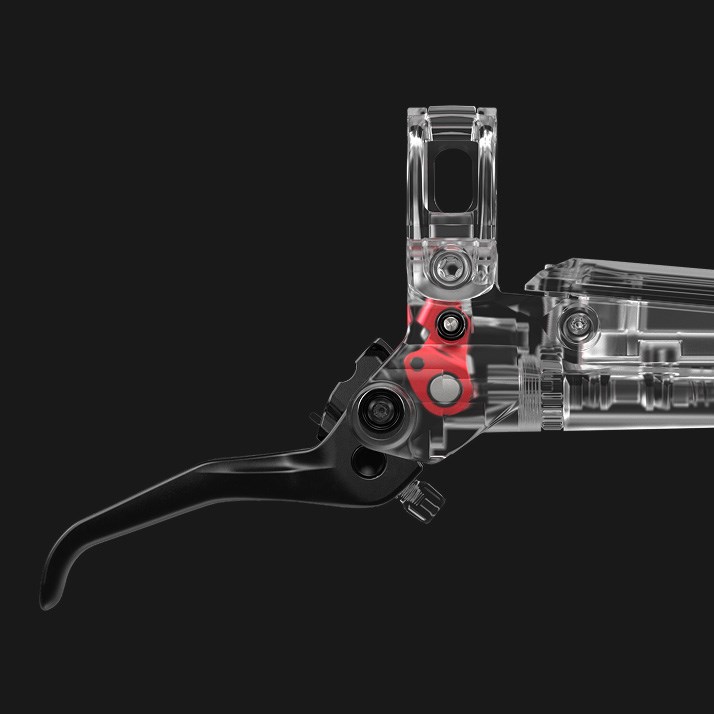 Cutaway image of SRAM Maven A1 brake lever showing red swing link