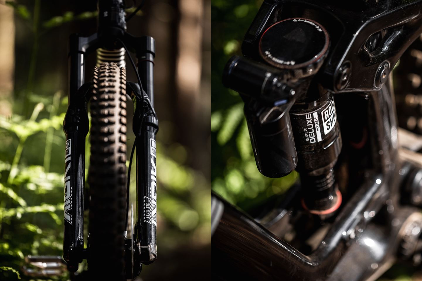 (Left) ) Close-up front view of lower legs on Lyrik Ultimate. (Right) Close-up of Super Deluxe Ultimate rear shock on Kade Edwards’ Trek Fuel EX.