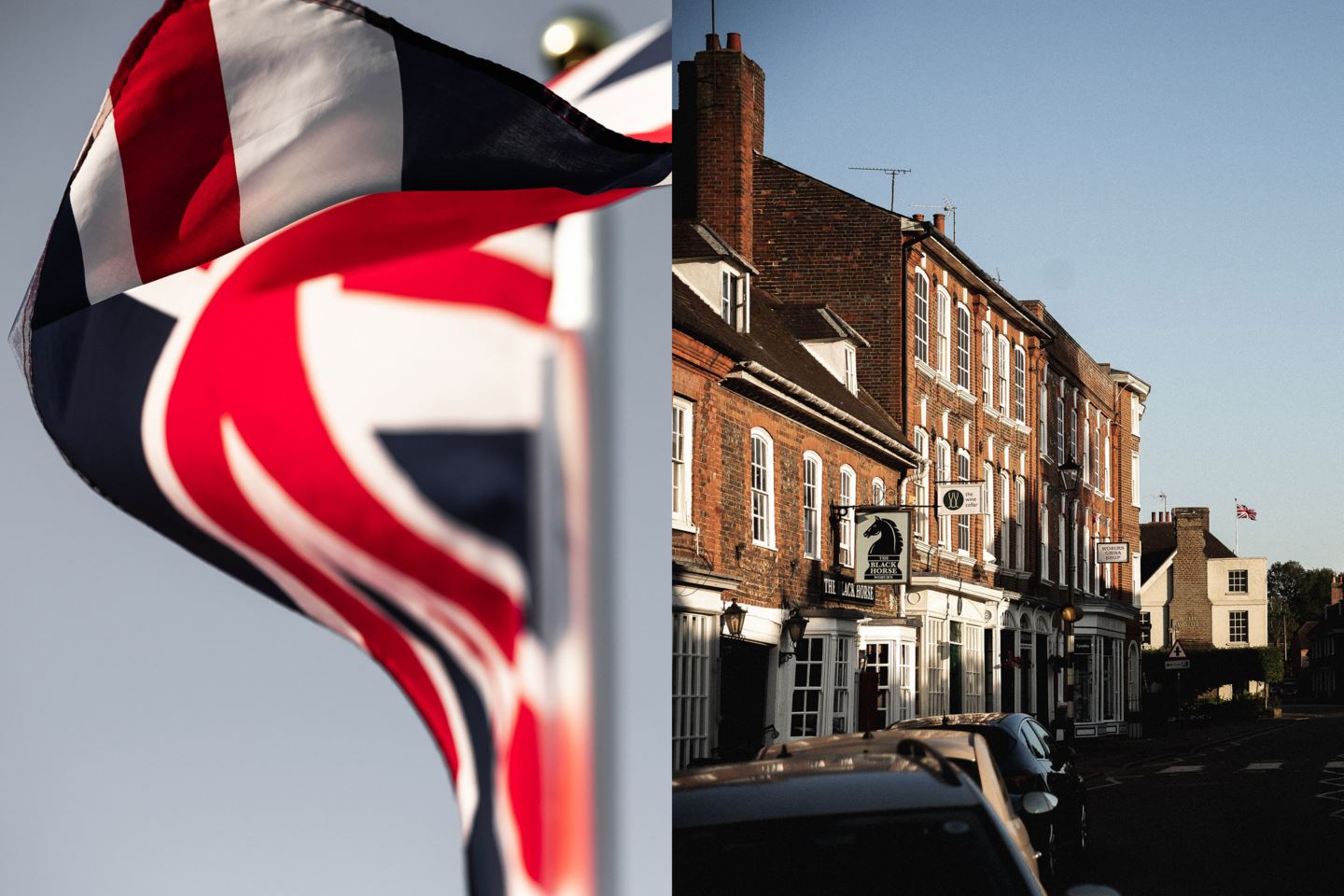 (Left) The Union Jack flag waving in the wind. (Right) A classic scene of a British street.