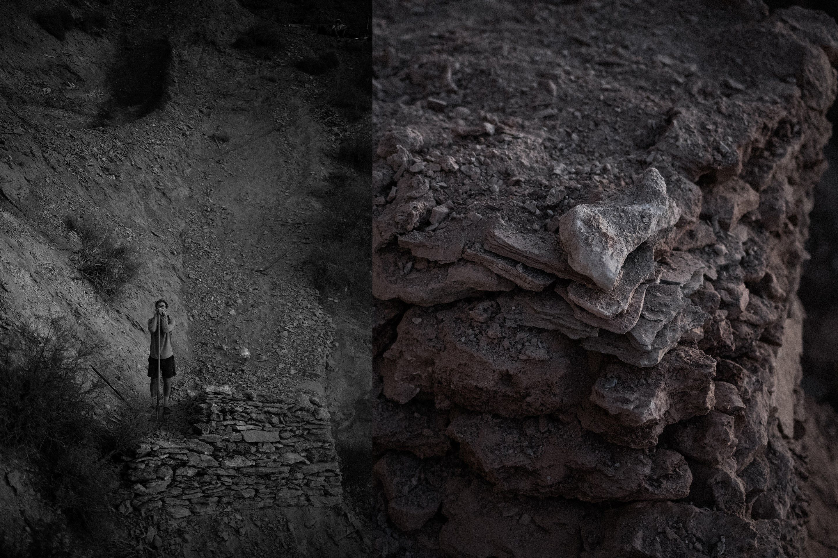 (Left) A digger stands on the landing of a massive takeoff in Black & White. (Right) A close-up of the takeoff in full color.