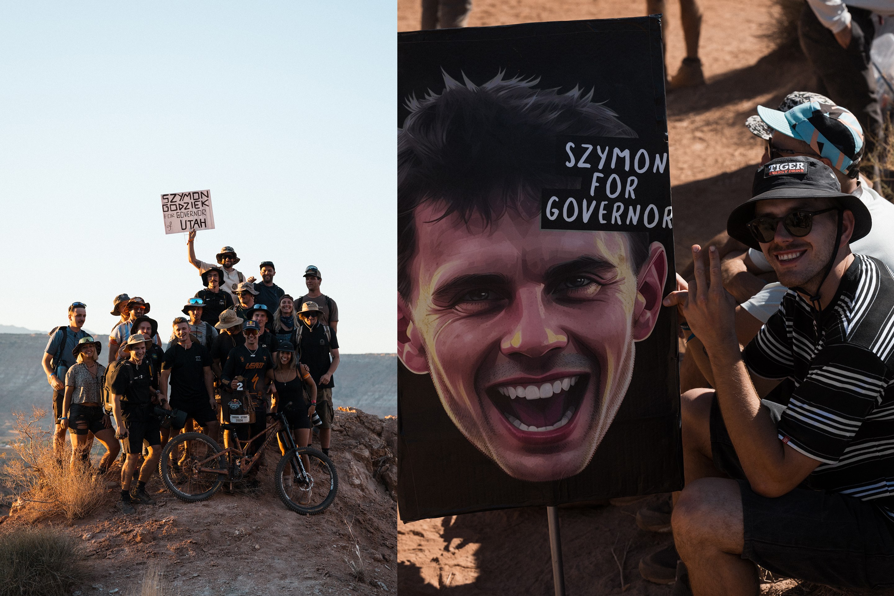 (Left) The self-named "Polish Mafia" poses for a picture with Szymon Godziek. (Right) A fan holding a "Szymon for Governor" sign.