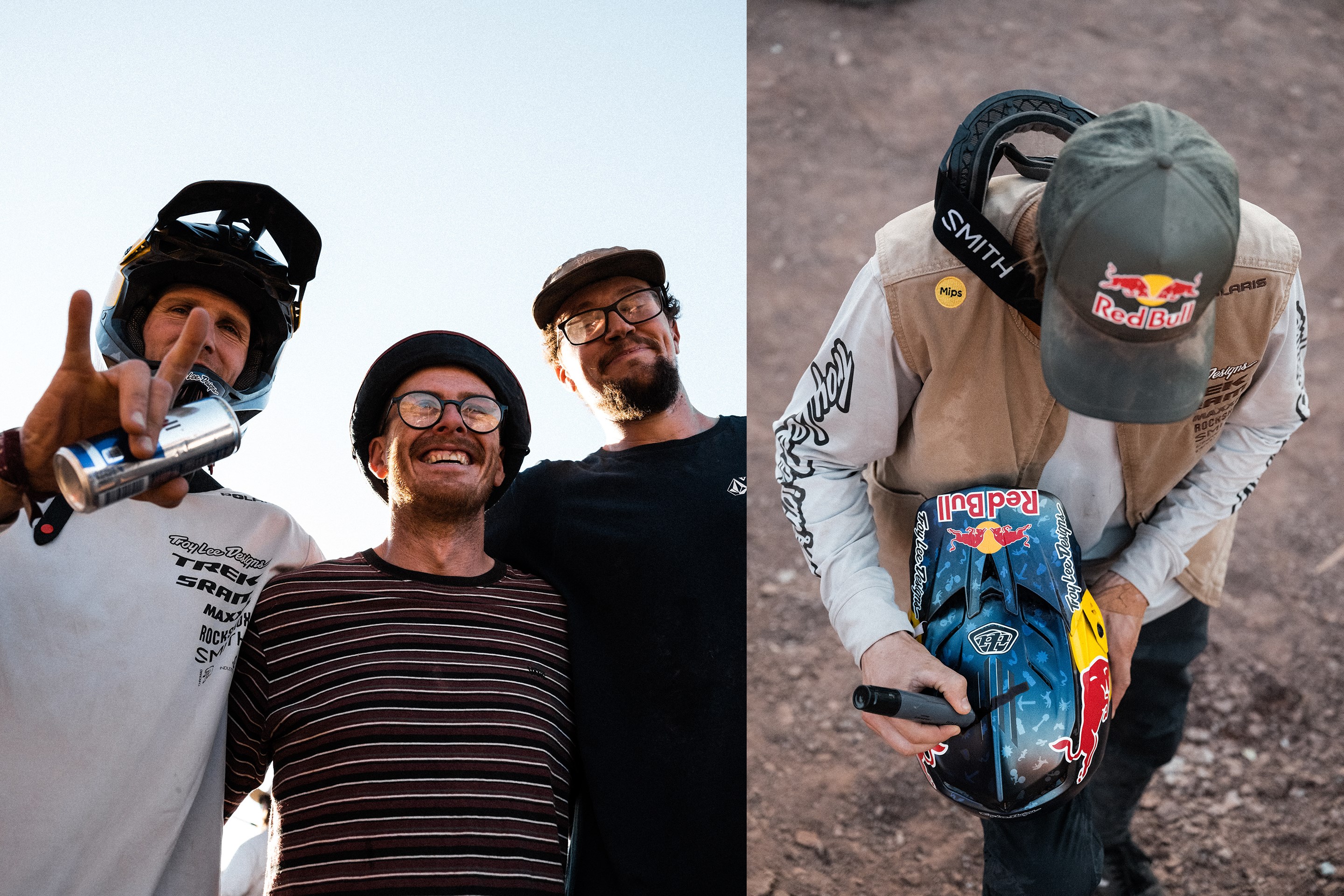 (Left) Brandon Semenuk with his dig crew. (Right) Brandon adding the fifth hashtag to the top of his helmet.