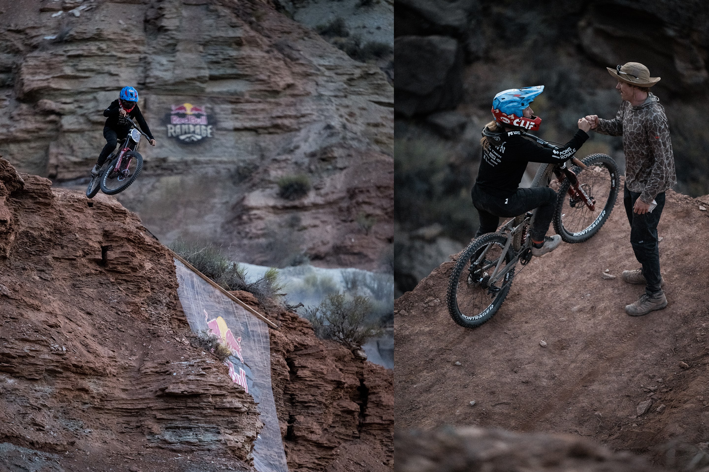 (Left) Casey Brown dropping in on her line. (Right) Casey Brown fists bumps her digger.
