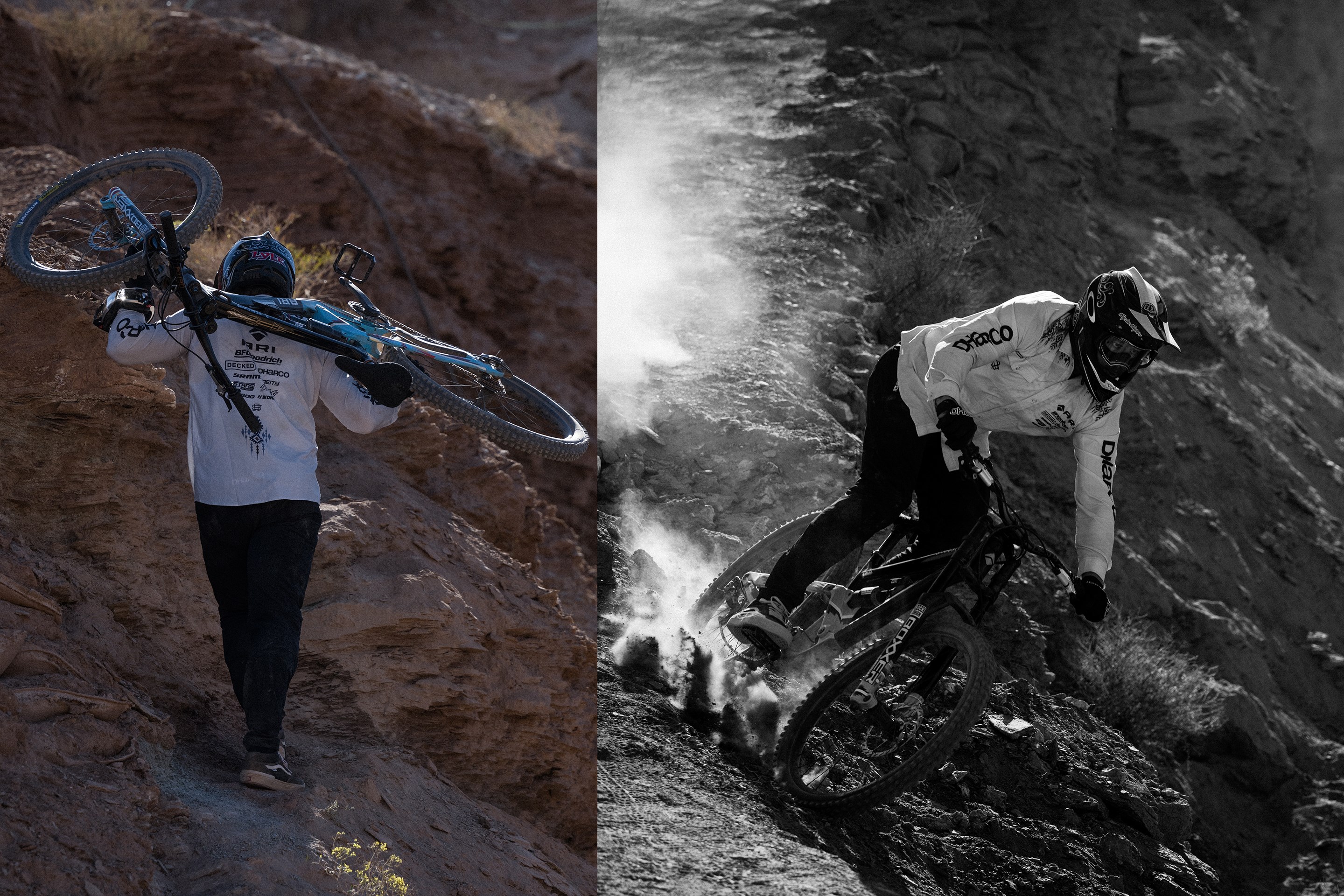 (Left) Kyle Strait hiking up the hill with his bike on his back. (Right) Kyle Hill in practice with a big pool of dust in his wake.