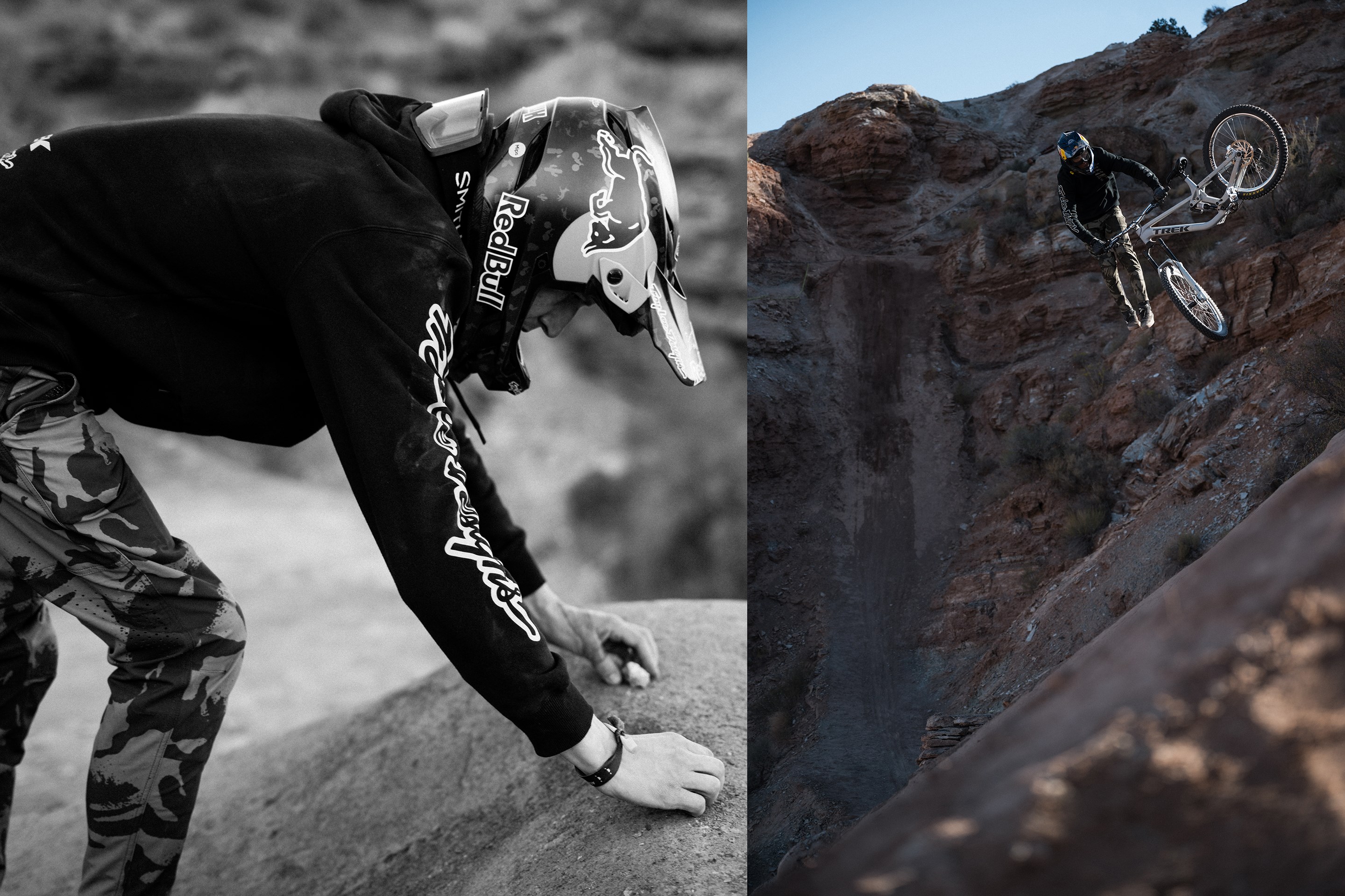(Left) Brandon Semenuk places rocks for a takeoff. (Right) Brandon does a trick in practice.