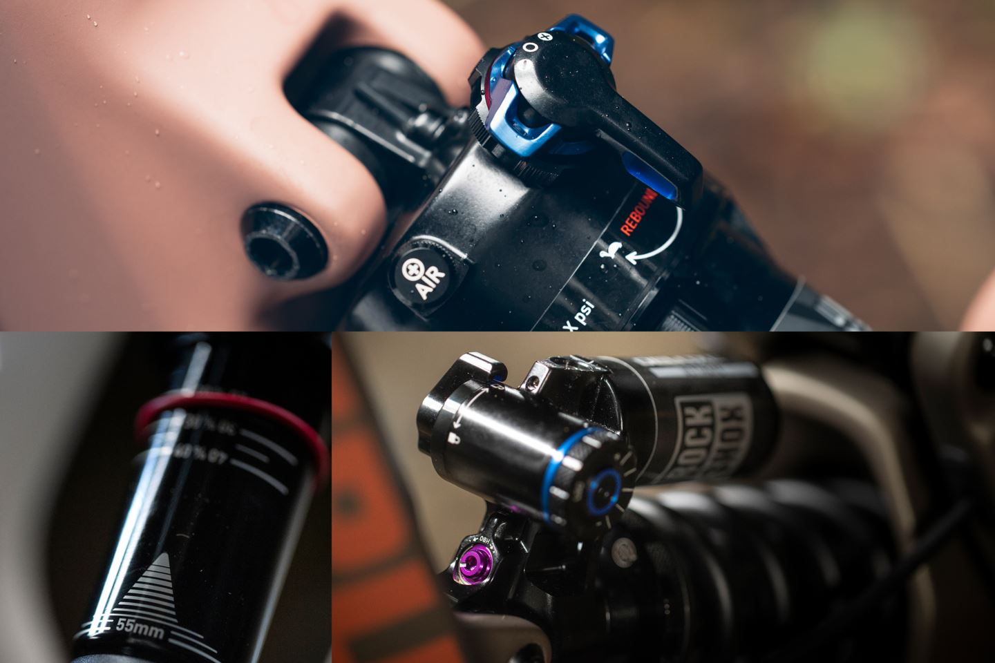 RockShox rear shock technology including (Top) Deluxe air can (Bottom Left) Hydraulic Bottom Out (Bottom Right) Adjustable Hydraulic Bottom Out