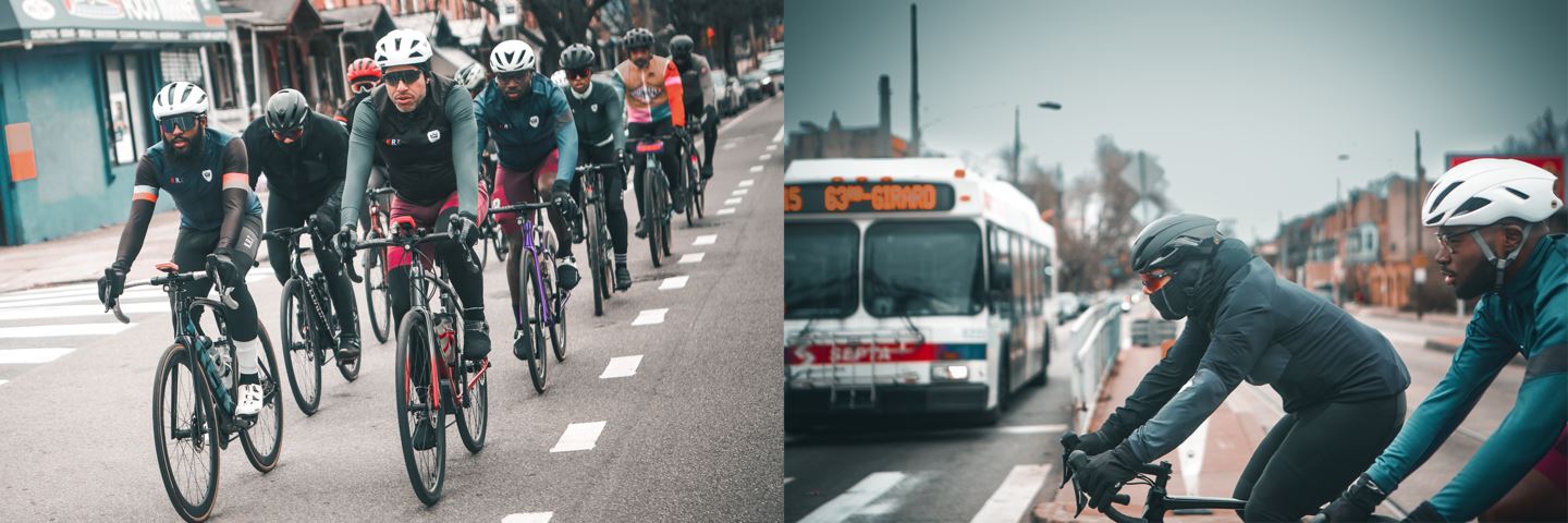 Collage of cyclists riding the streets of Philadelphia