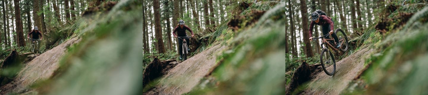 A three-part series of Britt Phelan approaching and jumping down a slab rock.