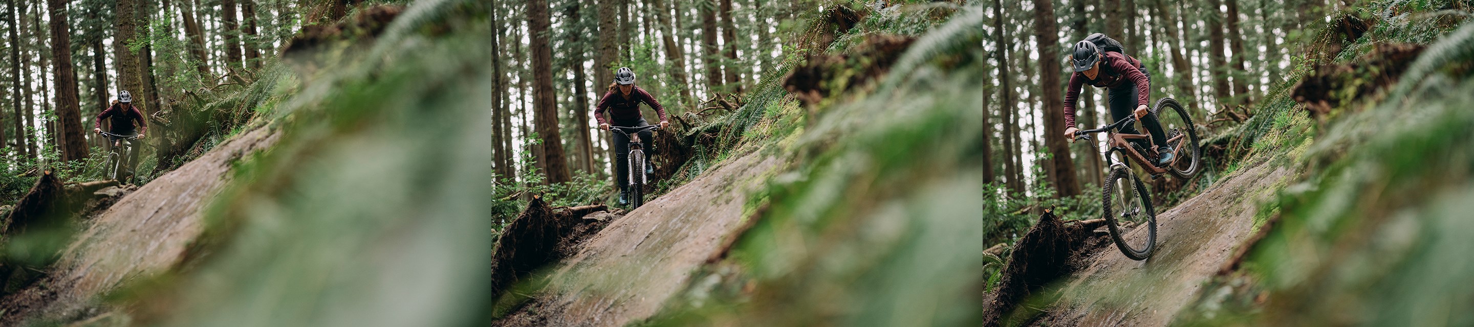 A three-part series of Britt Phelan approaching and jumping down a slab rock.