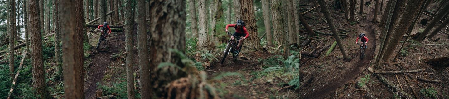 A three-part series of Britt Phelan descending a loamy singletrack with rocks and roots.
