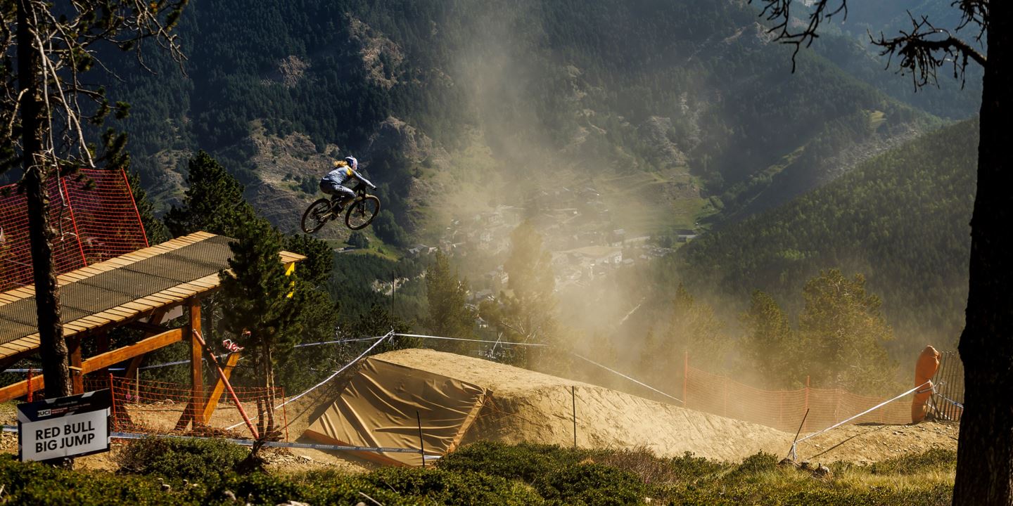 Vali Höll sending it off of the Red Bull Big Jump in Vallnord, Andorra.