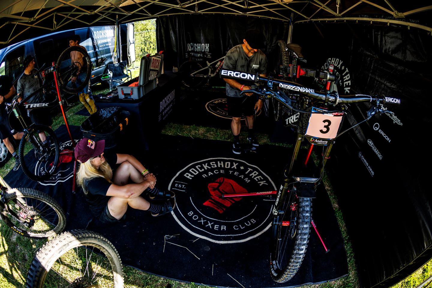 RockShox Trek Race Team sitting in their pit in Vallnord, Andorra.