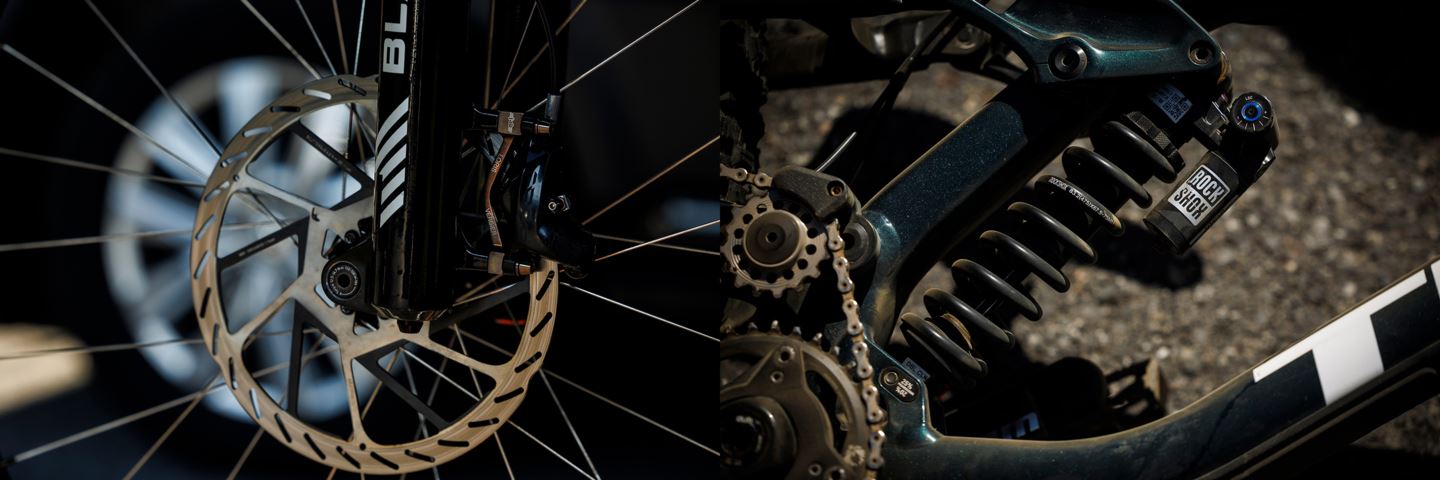 (Left) Close-up of HS2 rotor on Loris Vergier's Trek Session. (Right) Close-up of Super Deluxe Coil on Loris Vergier's Trek Session.