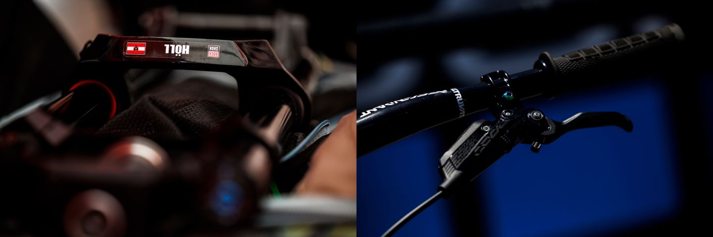 (Left) Crown on Vali Höll's BoXXer Ultimate fork. (Right) Close-up shot of SRAM Code RSC Ultimate on Vali Höll's Trek Session.