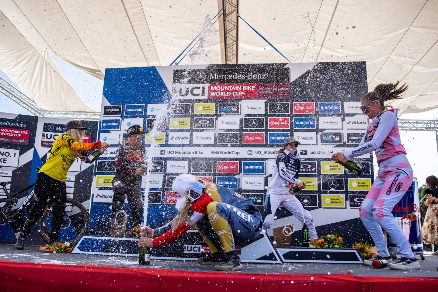 Elite Women's DH Podium at Round 5 in Vallnord, Andorra.