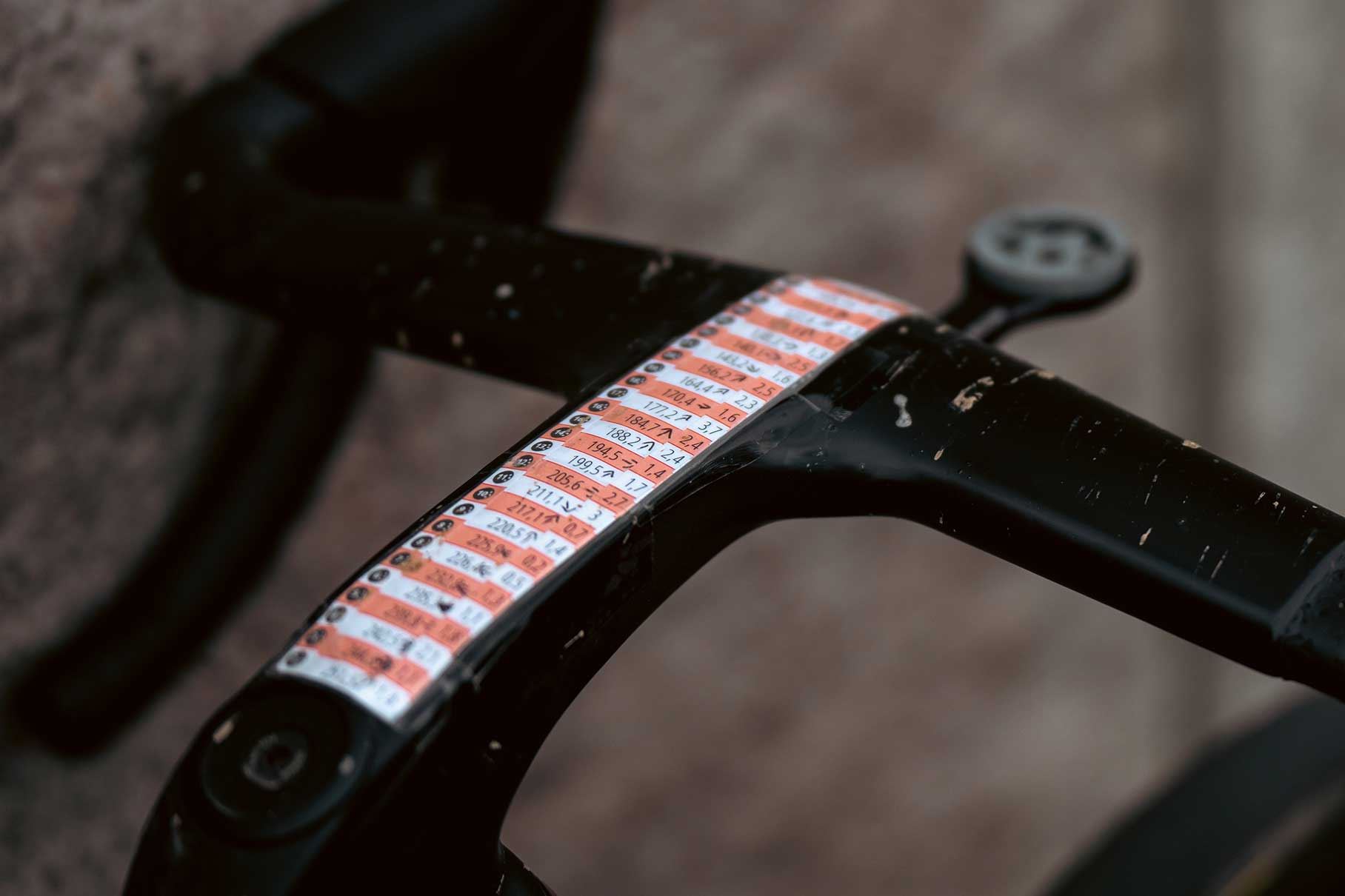 The cobbles mapped out in a sticker on Mads Pedersen's stem