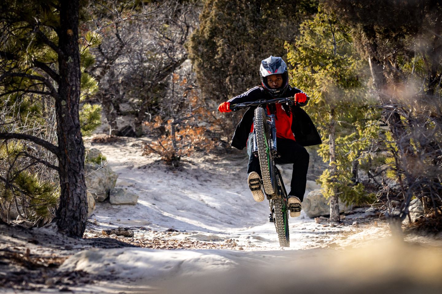 Brad Simms manually on a snowy trail.