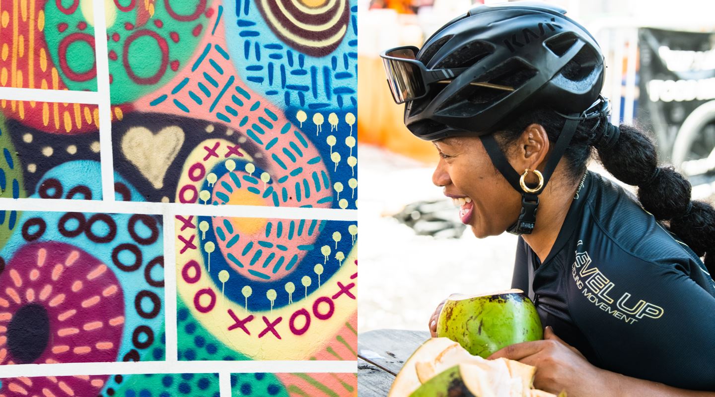 Erica sips a post ride coconut water.