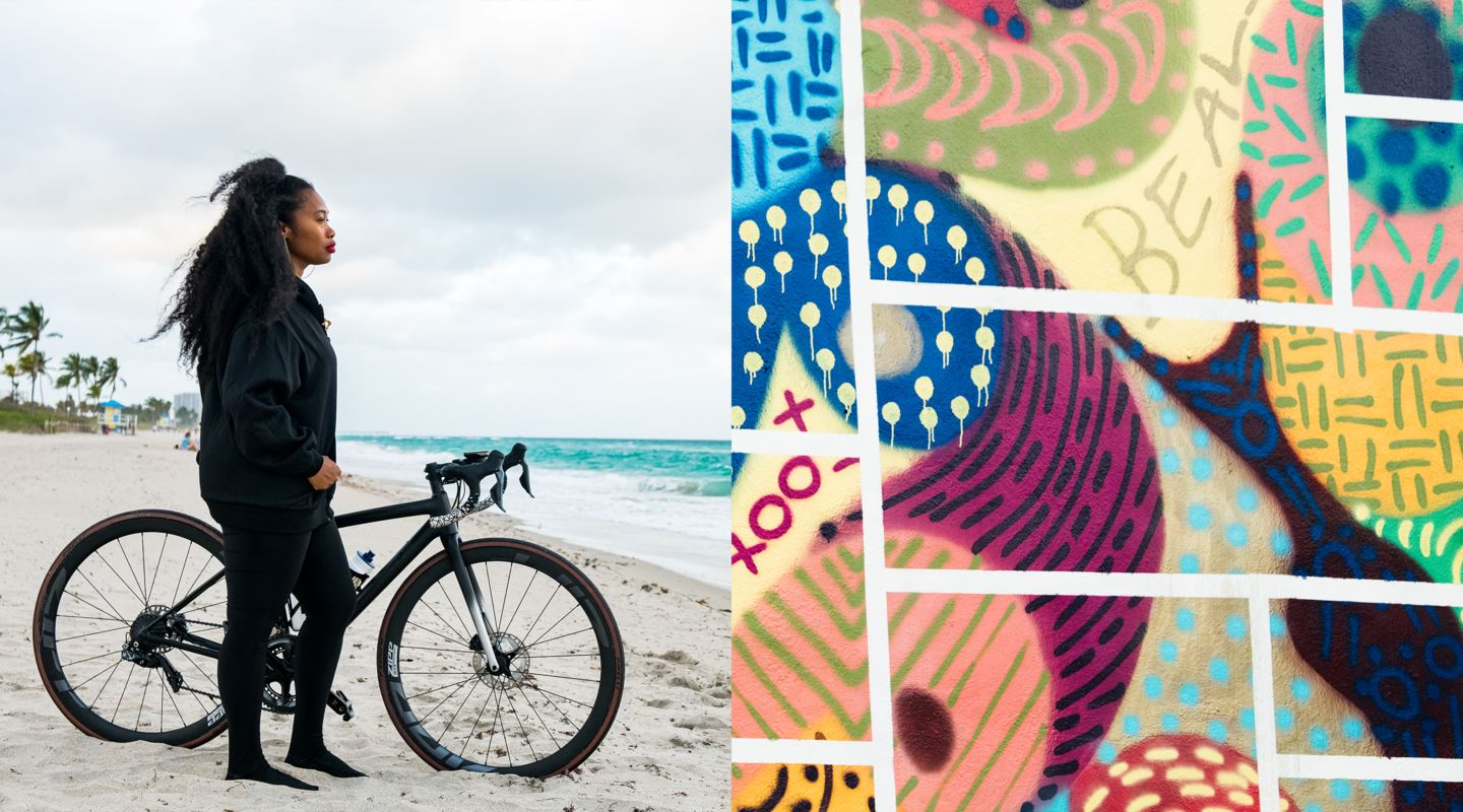 Erica with her bike at the beach