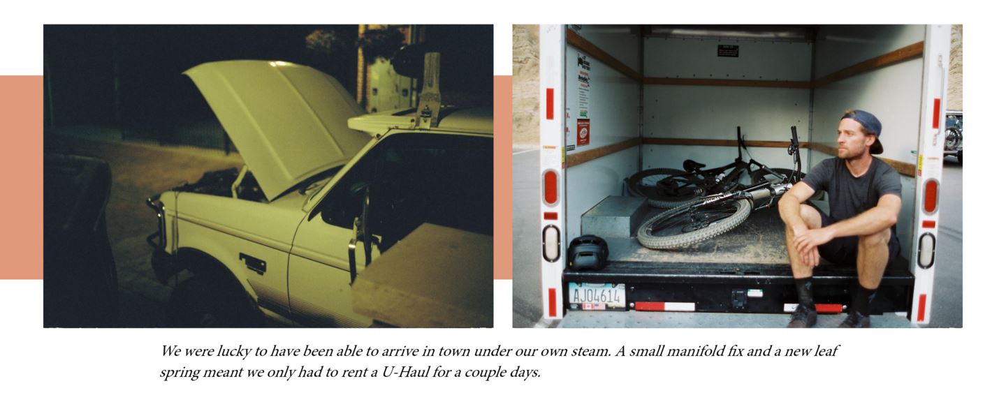 (Left) The Veggie Truck is broken down. (Right) Free Radical Mark sits in the back of a U-Haul truck with their bike.s