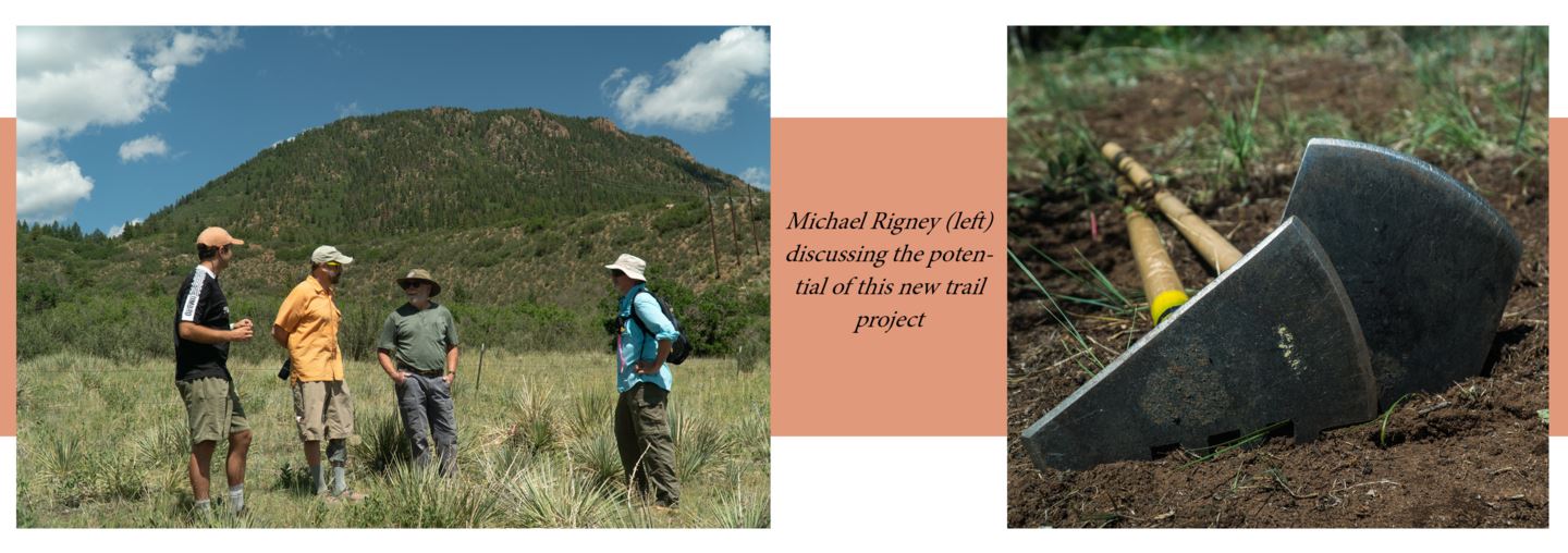 (Left) Michael Rigney discusses the potential of this new trail project with volunteers. (Right) Trail building tools.