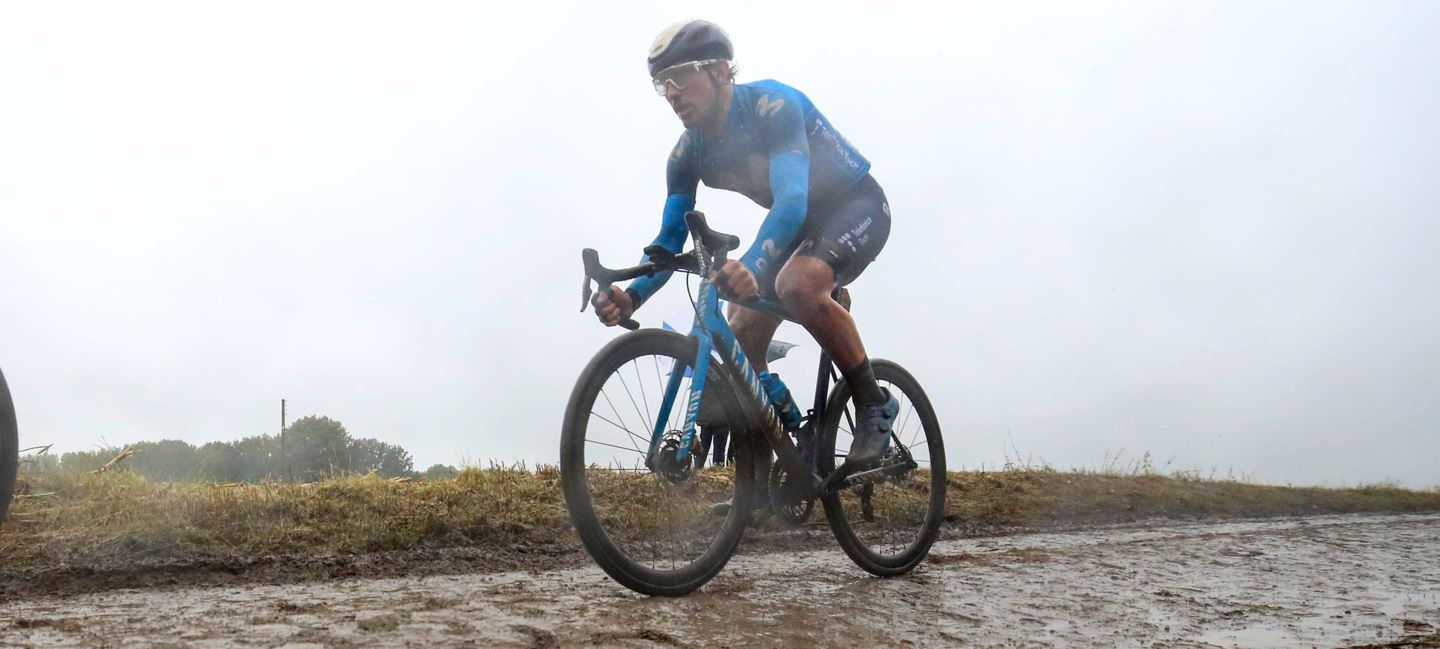 Ivan Garcia Cortina races over the cobbles in the 2021 Paris Roubaix.