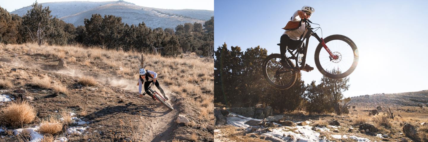 Garrin Evans railing a berm (left) Garrin Evans boosting a jump (right)
