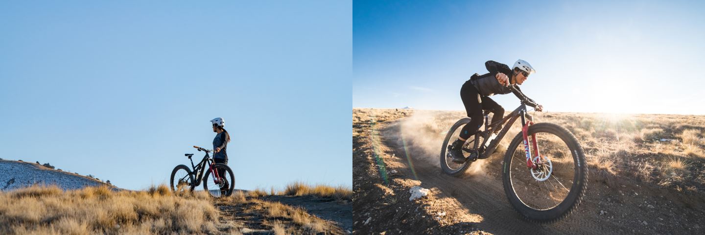 Garrin Evans looking at trail behind her (left) Garrin Evan shredding singletrack with a big grin on her face (right)