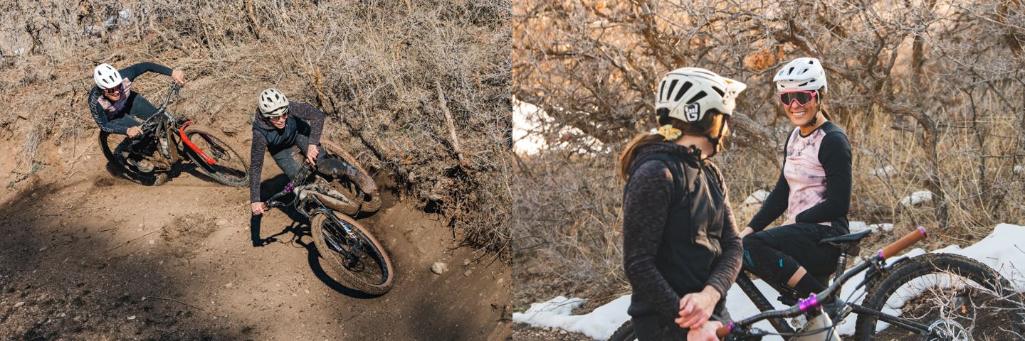Blake Hansen and Garrin Evan hitting a berm (left) Garrin Evans and Blake Hansen hanging out on the side of the trail (right)