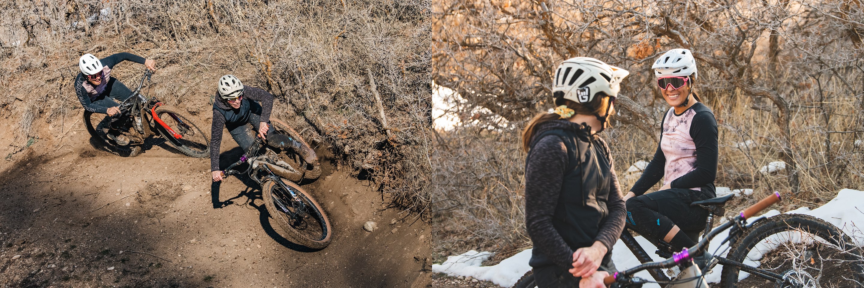 Blake Hansen and Garrin Evan hitting a berm (left) Garrin Evans and Blake Hansen hanging out on the side of the trail (right)